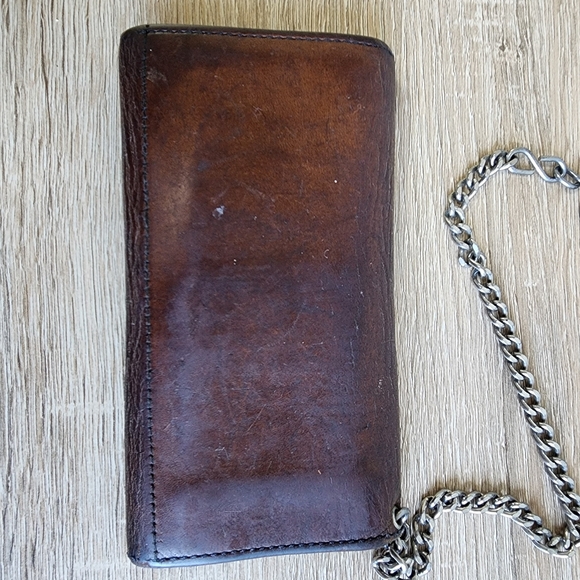 VINTAGE HARLEY DAVIDSON Motorcycle Tri Fold long Brown Leather Wallet & Chain - Picture 4 of 16